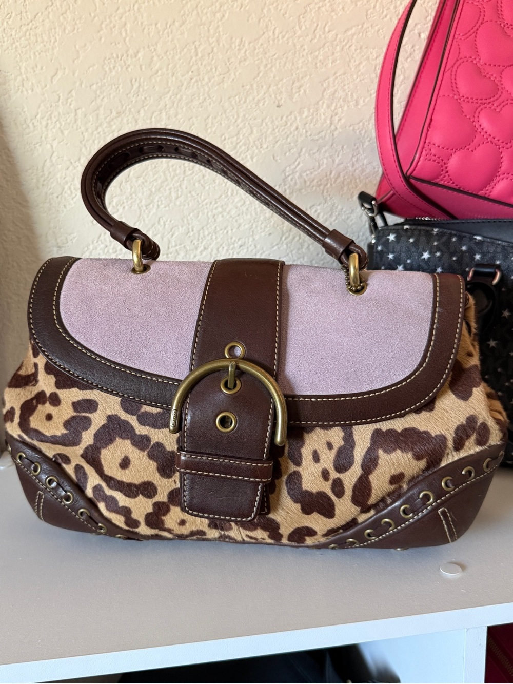 Coach Madison Brown Ocelot Print Shoulder Bag with Lilac Suede Accent